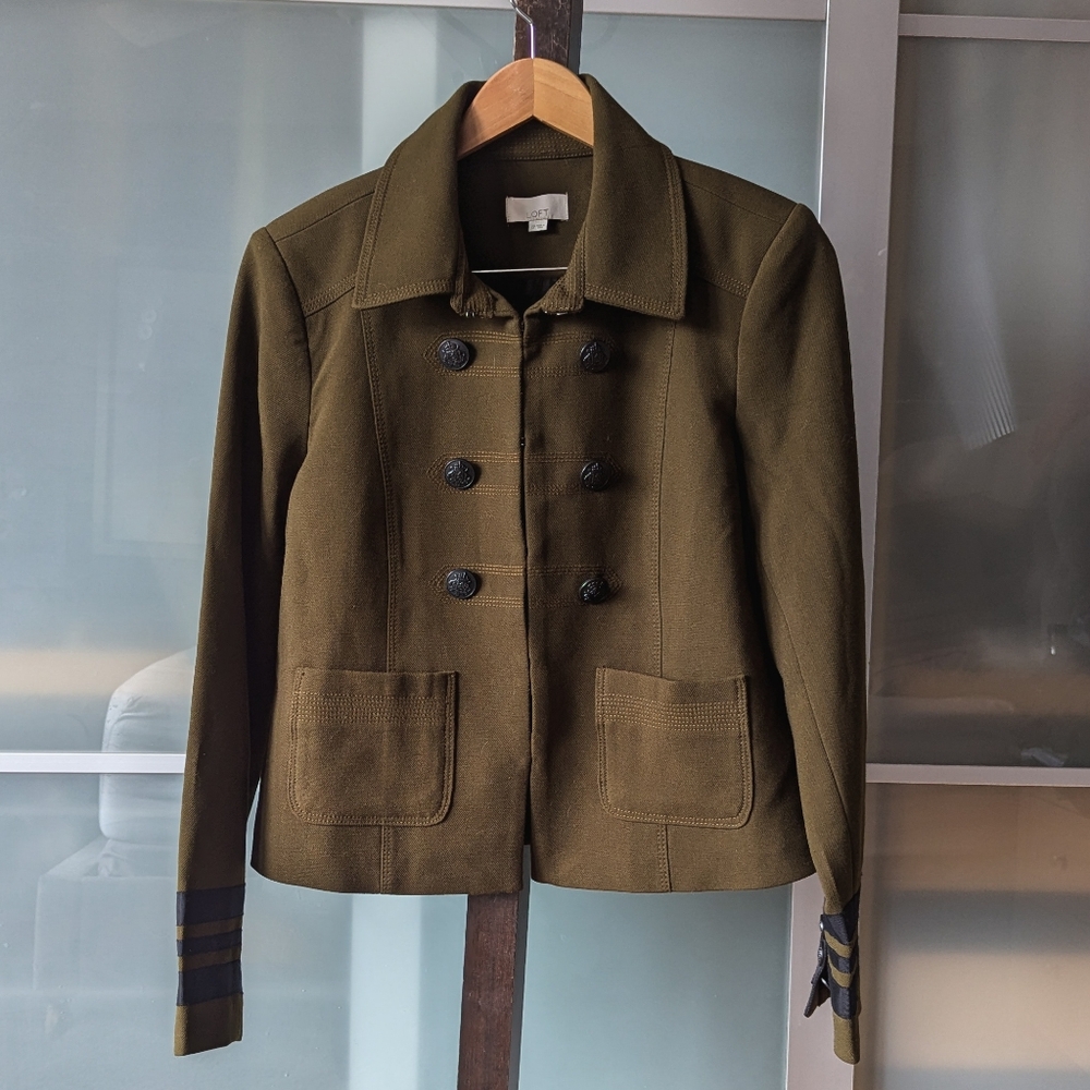 Loft Crop Blazer Jacket Women 12 Military Green Double Breasted Brass 6 Buttons